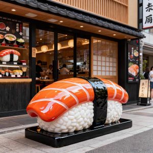 Mô hình composite sushi cá hồi khổng lồ đặt trước nhà hàng Nhật — nhận diện thương hiệu độc đáo